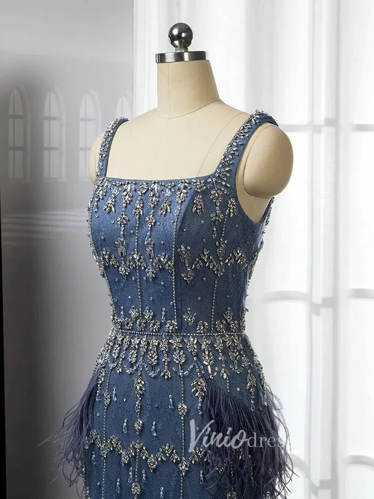 Square Neck Beaded Blue Evening Dresses Dusty Blue Tea Length Feather Dress 20020