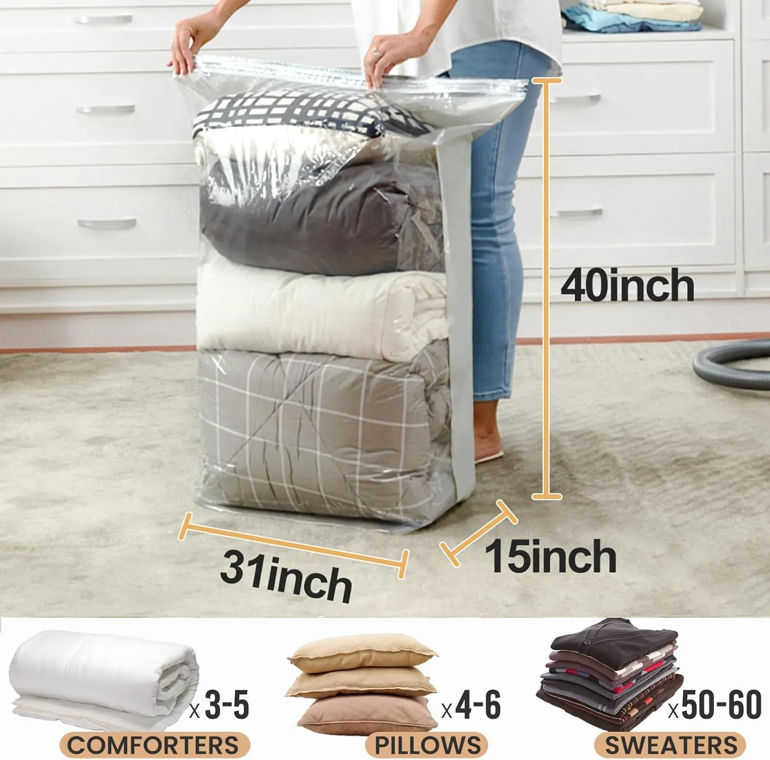 TAILI 6 Pack Vacuum Storage Bags, Jumbo Cube (31x40x15 Inch), Extra Large Vacuum Seal Bags for Clothing, Comforters, Blankets, Bedding, Closet Organization Space Saving, Cream