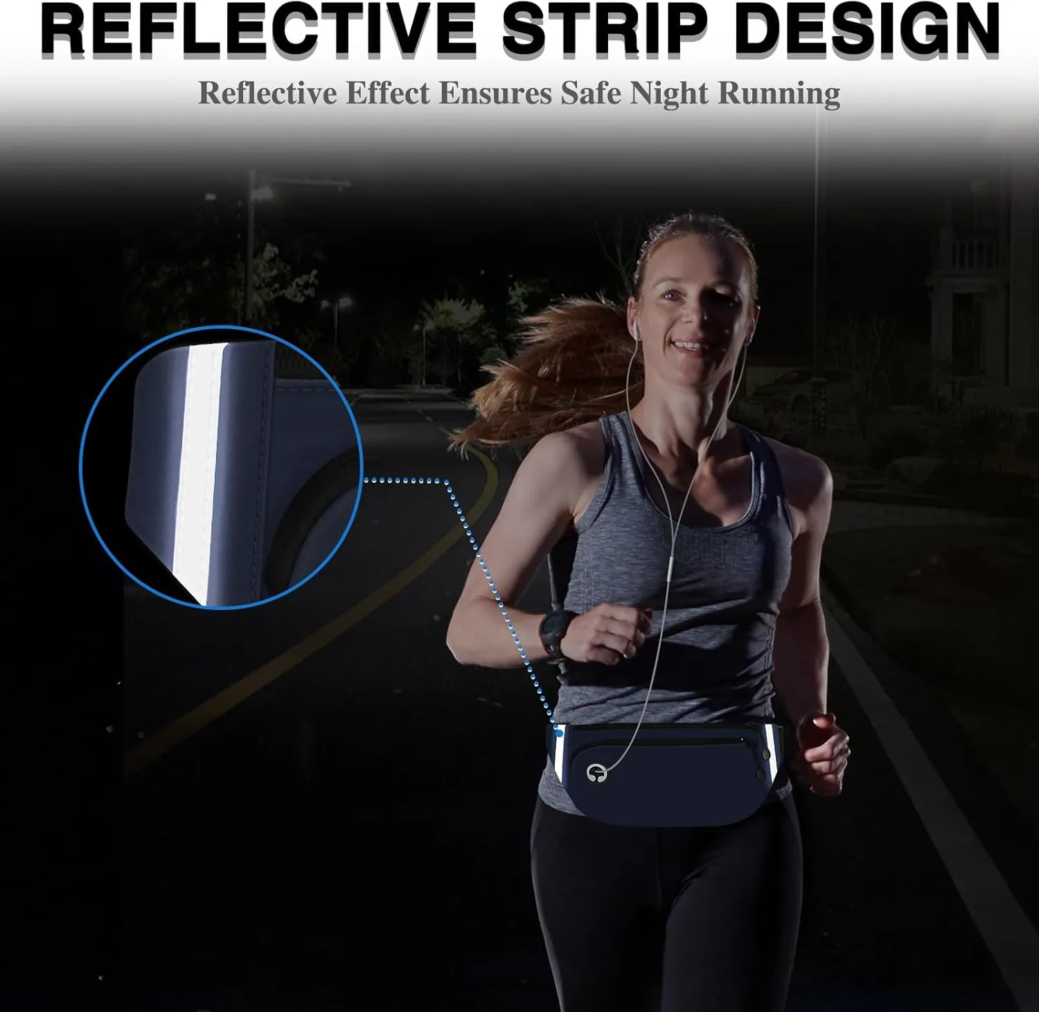 TORRYZA Fanny Packs for Women Men, Waterproof Waist Pack with Reflective Strip, Lightweight Slim Belt Bag with No-Bounce Adjustable Strap Travel Running Hiking Walking Sport(Dark Blue)
