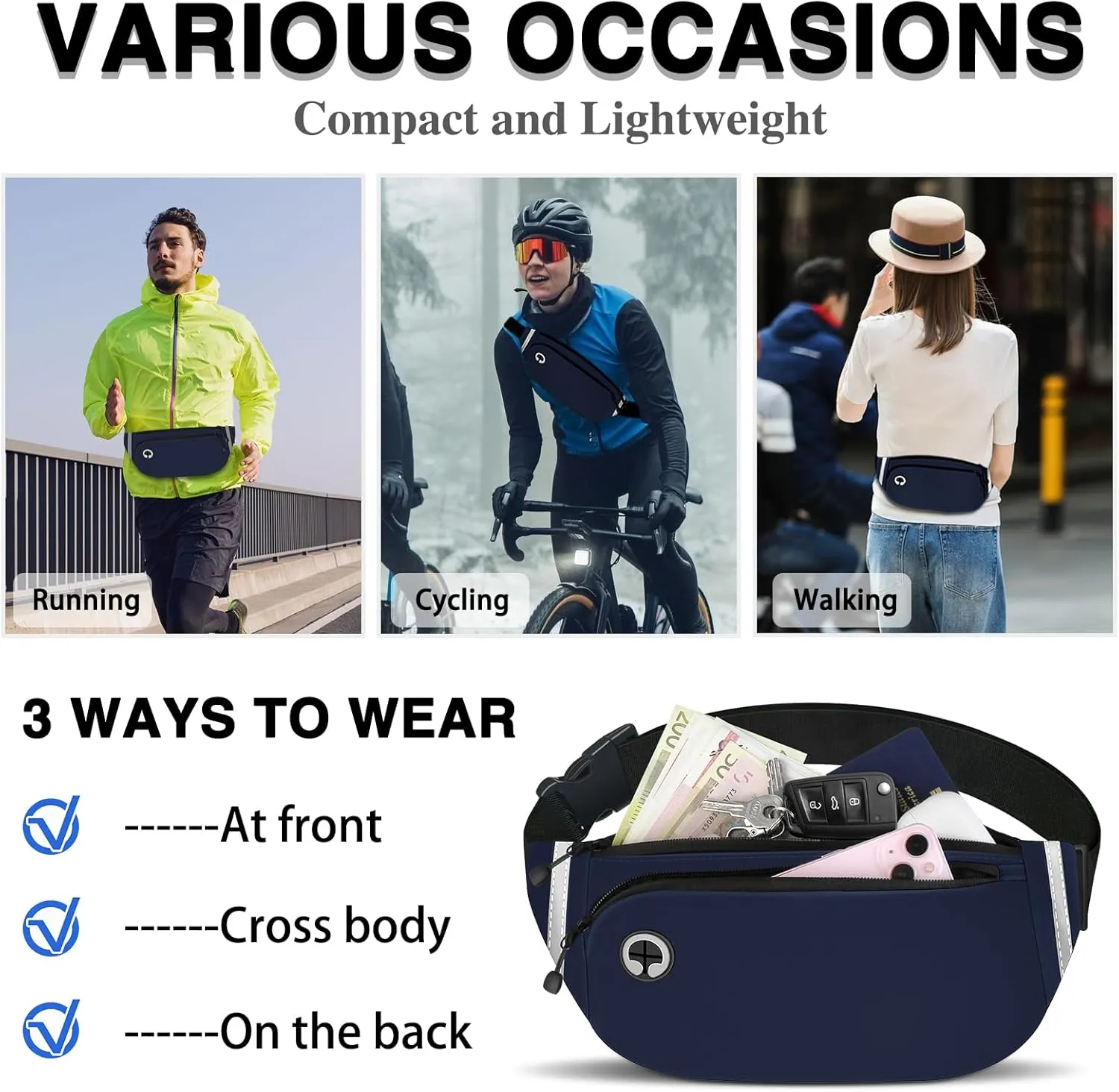 TORRYZA Fanny Packs for Women Men, Waterproof Waist Pack with Reflective Strip, Lightweight Slim Belt Bag with No-Bounce Adjustable Strap Travel Running Hiking Walking Sport(Dark Blue)