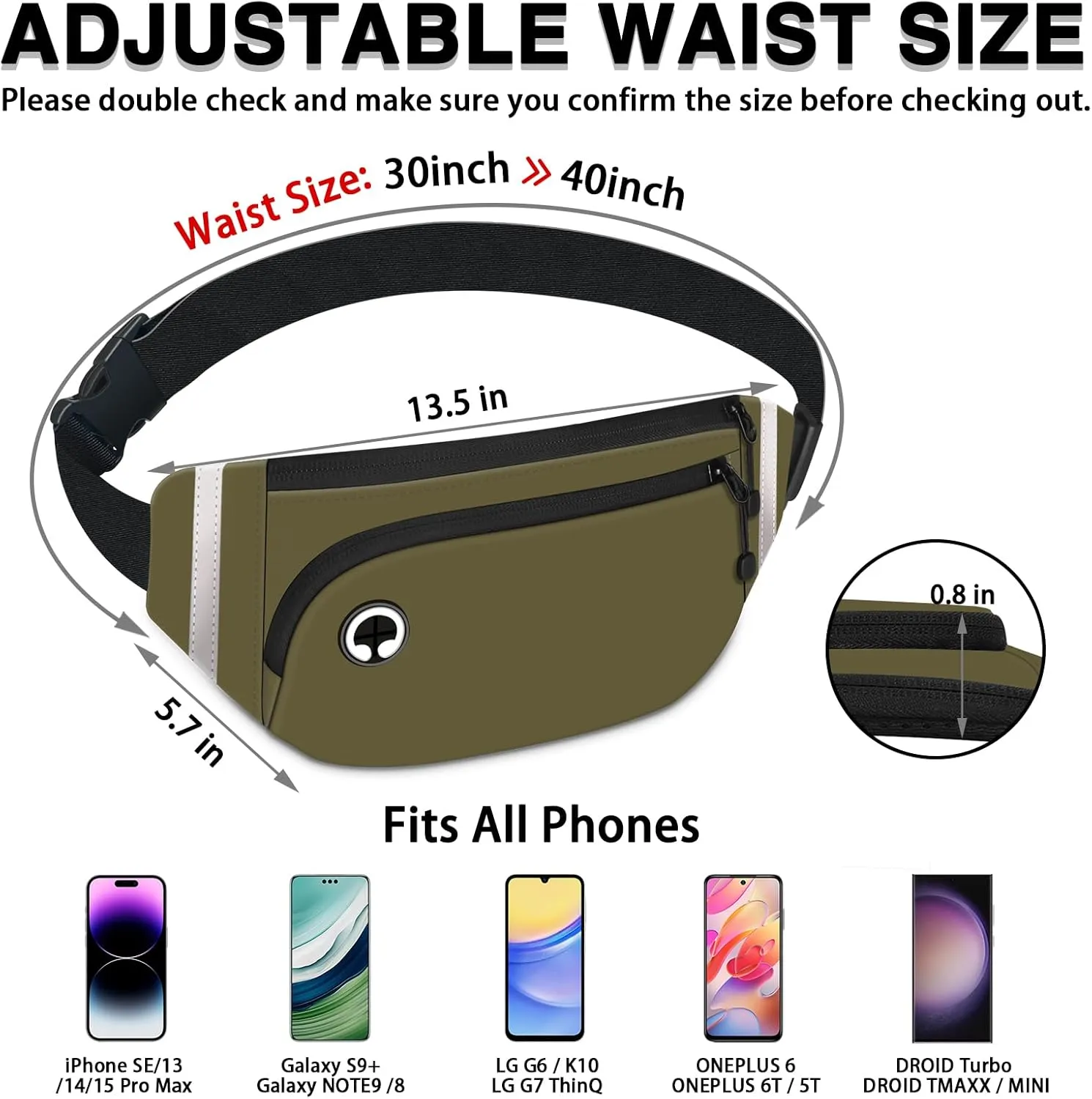 TORRYZA Fanny Packs for Women Men, Waterproof Waist Pack with Reflective Strip, Lightweight Slim Belt Bag with No-Bounce Adjustable Strap Travel Running Hiking Walking Sport(Dark Green)