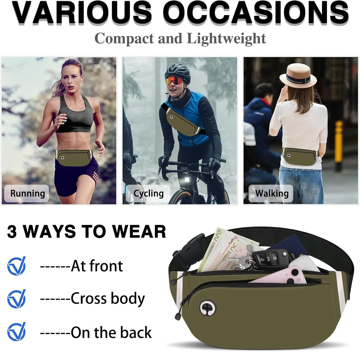 TORRYZA Fanny Packs for Women Men, Waterproof Waist Pack with Reflective Strip, Lightweight Slim Belt Bag with No-Bounce Adjustable Strap Travel Running Hiking Walking Sport(Dark Green)