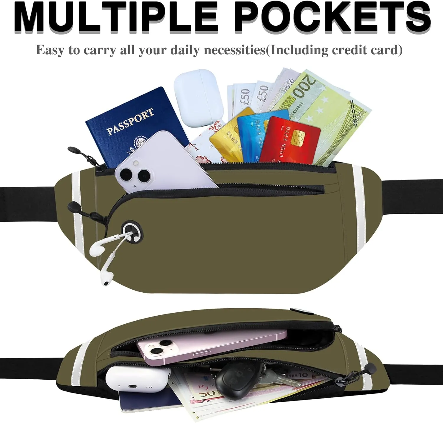 TORRYZA Fanny Packs for Women Men, Waterproof Waist Pack with Reflective Strip, Lightweight Slim Belt Bag with No-Bounce Adjustable Strap Travel Running Hiking Walking Sport(Dark Green)