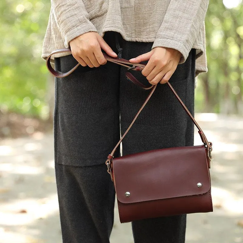 Vintage Cowhide Two Magnetic Buckles Red Brown Shoulder Bag For Women