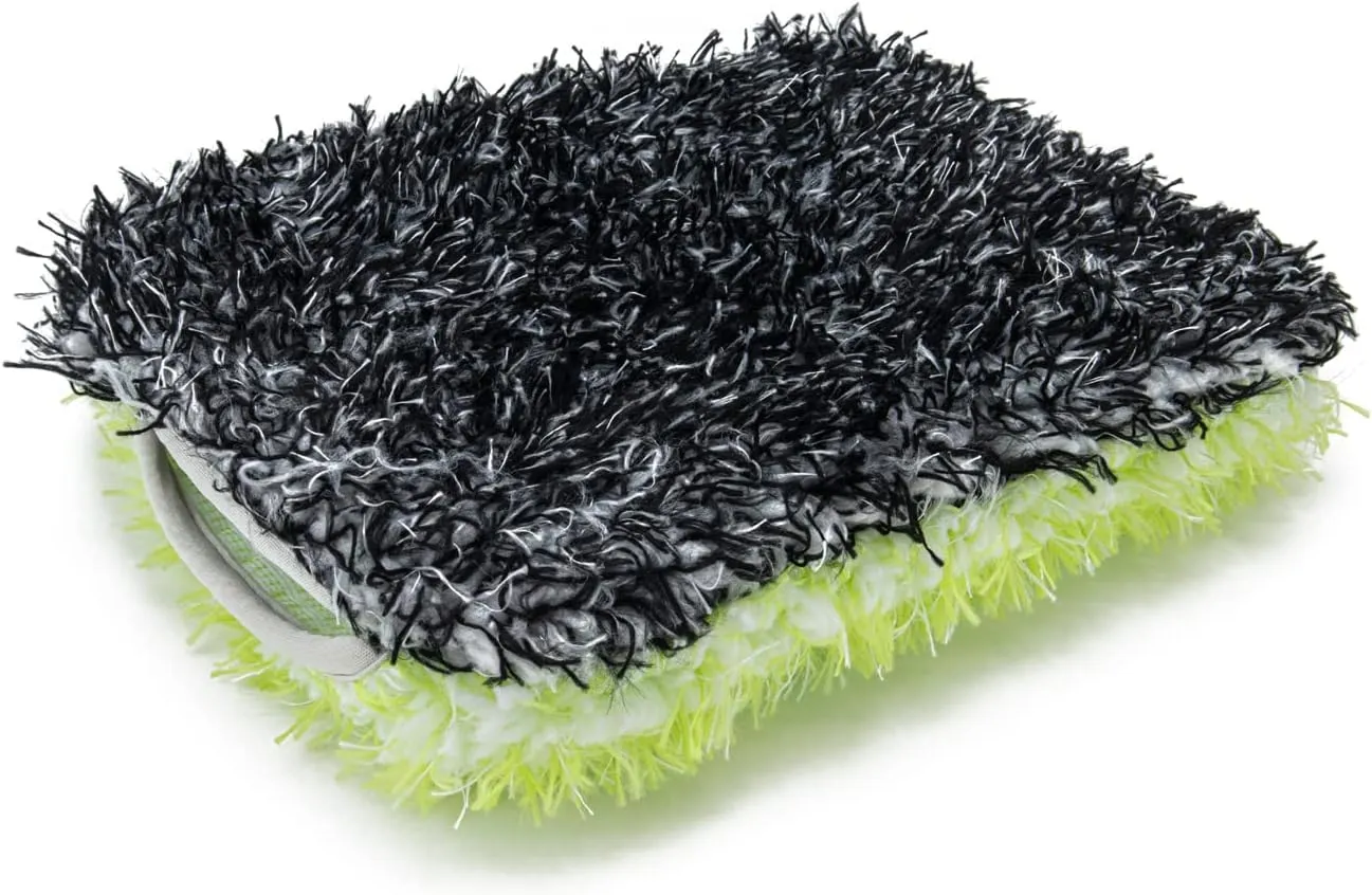 [Wash Monster] Plush Car Wash Pad (9 in. x 7 in.) Green/Black - 1 Pack | Soft & Plush Absorbent Microfiber Fibers | Large, Fits in Bucket
