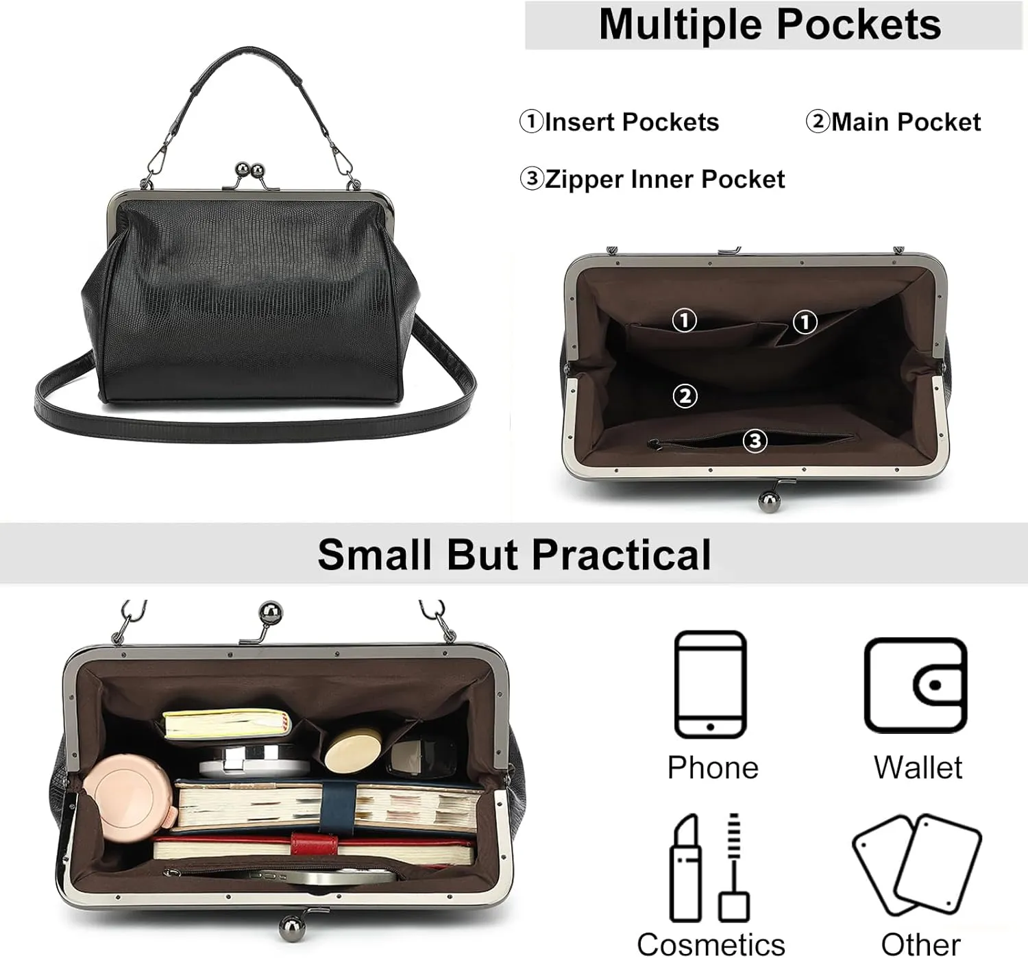 Women Vintage Hollow Handbag Oil Leather Kiss Lock Rivet Skull Shoulder Crossbody Bag Evening Clutch Satchel Purse