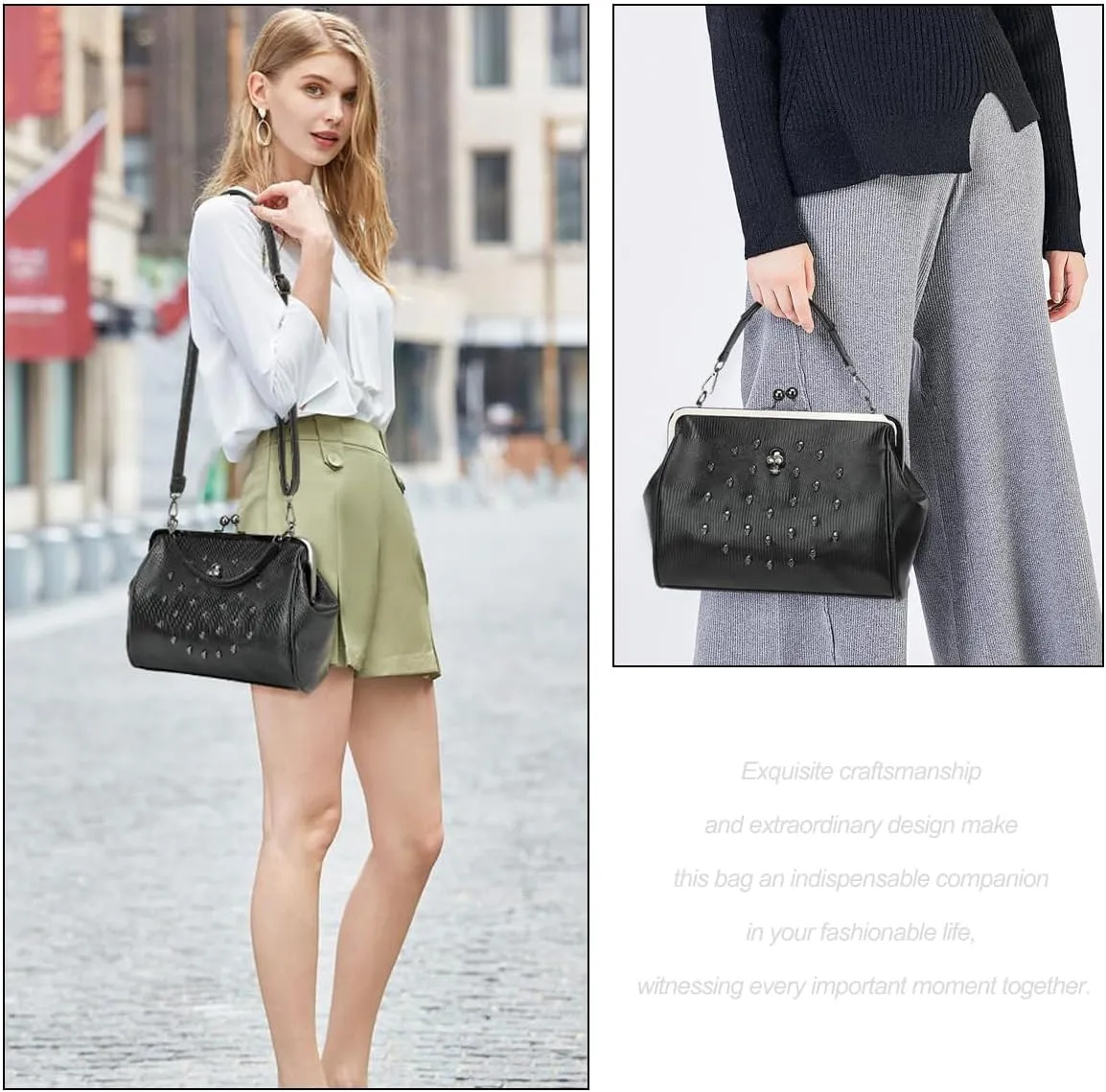 Women Vintage Hollow Handbag Oil Leather Kiss Lock Rivet Skull Shoulder Crossbody Bag Evening Clutch Satchel Purse