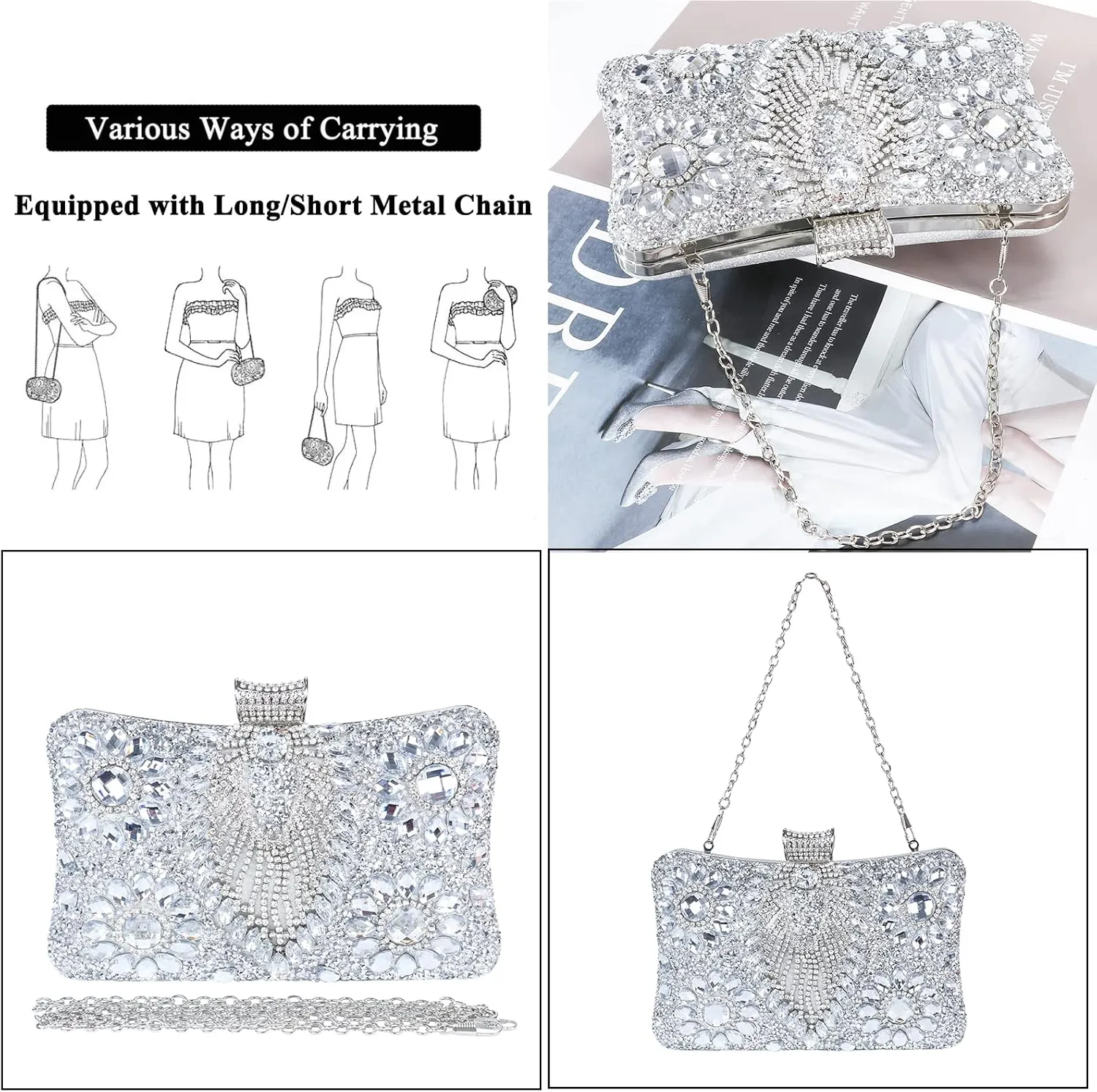 Womens Sparkly Rhinestone Sequin Glitter bag Clutch Evening Handbag Shoulder Bags Purse for Wedding Party Prom